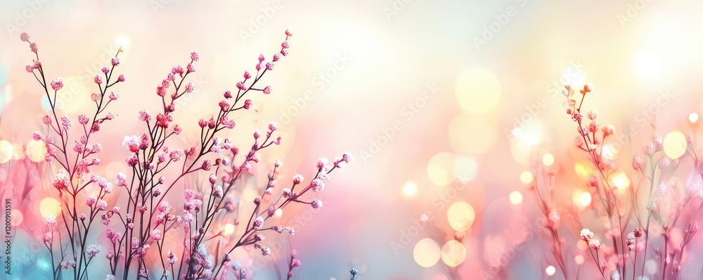 Poster ethereal watercolor concept. soft pastel flowers against a dreamy bokeh background creating a serene