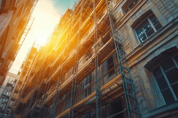 A tall building under renovation, surrounded by scaffolding, illuminated by warm sunlight, showcasing architectural details and construction progress.