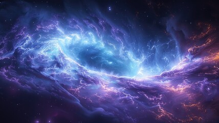 Fototapeta premium A mesmerizing scene showcasing a glowing blue object in the air, surrounded by ethereal swirls of light and color. Perfect for cosmic themes and artistic explorations.