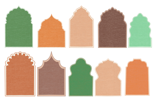 Islamic shape door or window. Mughal Muslim architecture mosque gates. Rajasthani style backdrop frames. Beautiful window arabic arcs for Ramadaan Kareem. Overlay collection.