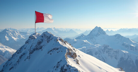 Panoramic Mountain Landscape – Vibrant Red and White Flag on Snow-Capped Summit Under Clear Blue Sky"