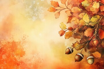 . A lively autumn background with a watercolor blend of acorns and oak leaves, accented by warm gradient brushstrokes.
