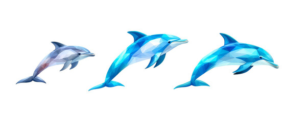 Obraz premium Three dolphin illustrations showcasing different sizes, vibrant colors, and geometric shapes isolated on white background.