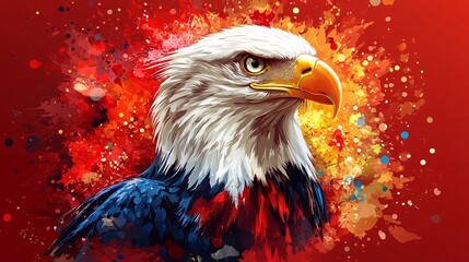A vibrant artistic portrayal of a bald eagle symbolizes strength, freedom, and American pride, perfect for celebrating Independence Day USA with vivid colors and patriotic fervor