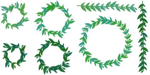 Decorative Christmas door wreath made from green plant twigs with leaves set isolated on transparent background. Season greeting card. Modern Illustration art. Template for festive, holiday marketing