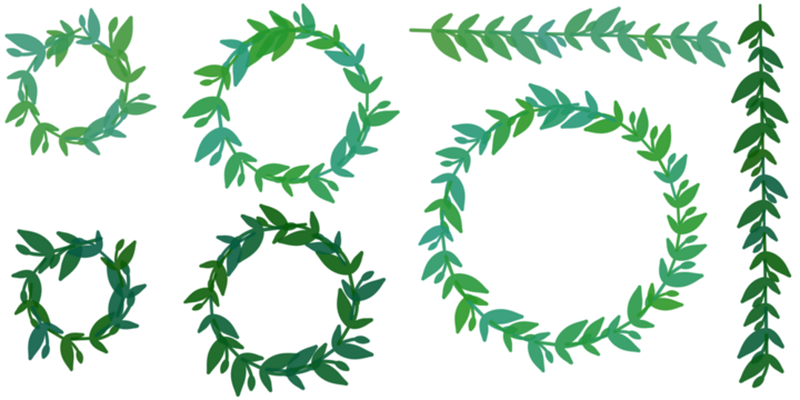 Decorative Christmas door wreath made from green plant twigs with leaves set isolated on transparent background. Season greeting card. Modern Illustration art. Template for festive, holiday marketing