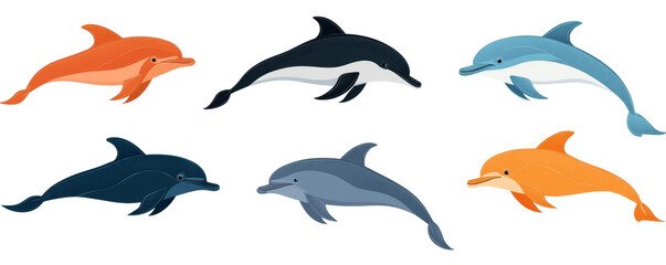 Fototapeta premium Collection of colorful dolphin illustrations isolated on a white background.