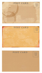 Used paper Vintage handwritten blank postcard letter template. Coffee stains, vignette border edges isolated on transparent background. Old retro set of three. Blank mail postage and travel post.

