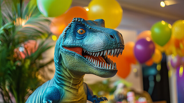 Birthday party flyer with cartoon funny prehistoric dinosaurs, vector kids event poster. Dino party invitation flyer for entertainment birthday party with Jurassic T-rex dinosaur and lizard characters