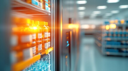 Transparent Refrigerator Showcasing Vaccines Ready for Distribution in Modern Logistics Setting