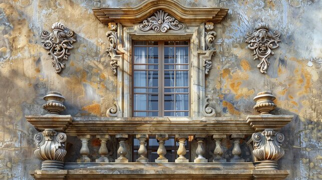 Vintage architectural balcony with intricate carvings on an old building facade, showcasing classical design and craftsmanship.
