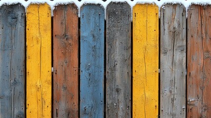 Colorful wooden fence, winter snow, rustic texture, background image