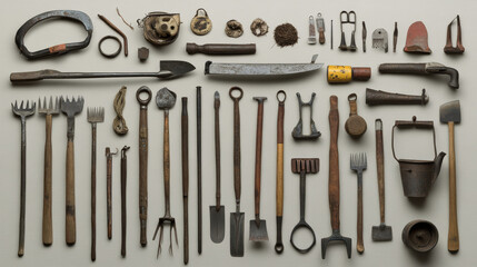 Agricultural and gardening tools icon with rakes, shovels, green plant, watering can, pitchfork, scissor, wheelbarrow, shears, trowel, knife, secateurs, saw, weeding hoes, sprayer, axe, sickle. Flat