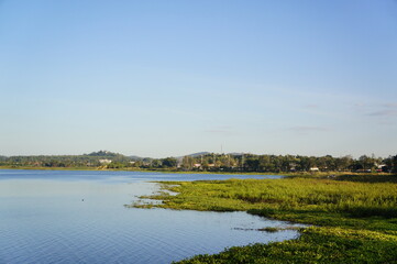 Calm lake landscape with clear sky and green shoreline vegetation