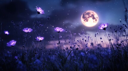 Fototapeta premium Ethereal Night Landscape with Moon and Purple Flowers in Bloom