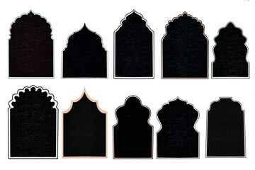 Monochrome arch shape Traditional Indian Mughal door, window with arabesque pattern, silhouette Indian arch backdrop frame.