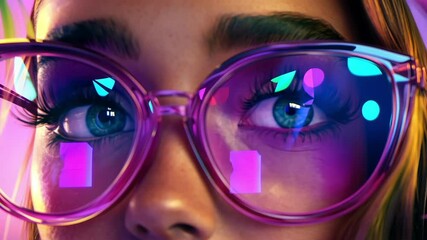 Vibrant close-up portrait of woman with oversized pink glasses and reflective lenses