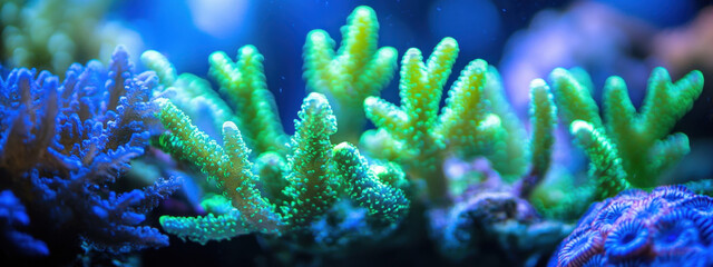 Vibrant coral reef under blue light showcasing bright green and purple corals, highlighting the rich diversity of oceanic life in an aquatic environment.
