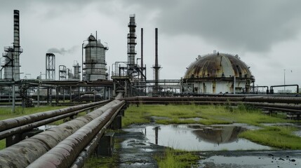 Obraz premium A wide shot of an industrial facility set against a grass plain, featuring metallic structures and pipelines under a cloudy sky. The wet ground reflects this industrial landscape.