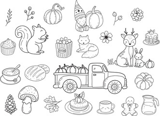 Autumn line art fall with gnome wildanimal pumpkin doodle outline elements, hand drawn leaf flower isolated.vector illustration