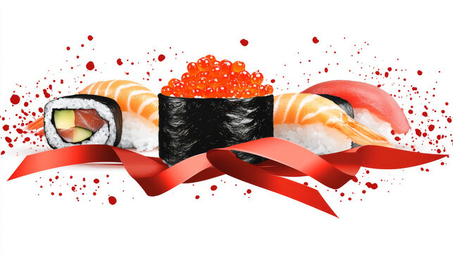 Sushi bar icon template of guncan with red caviar in seaweed. Japanese seafood cuisine restaurant menu design of salmon nigiri, sashimi or tempura sushi roll with red ribbon