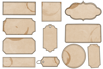 Used paper label tag sticker with coffee stains. Decorative Vintage card isolated on transparent background. Retro badge. Insignia, sale sticker or invitation card.