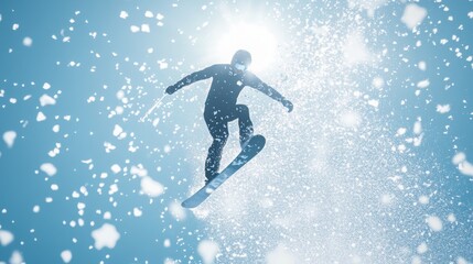 Naklejka premium Dynamic Snowboarder in Action, Soaring Through Snowflakes Under Sunlight, Emphasizing Winter Sports and Thrilling Outdoor Adventures