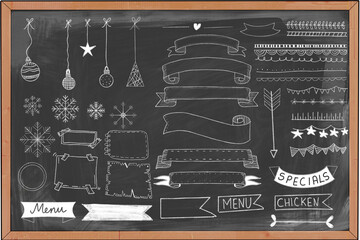 Grunge chalkboard hand drawn sketch elements restaurant menu, banners, ribbons, art, doodle graphic line elements, illustration, vintage style