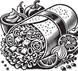 Black Color Burrito Silhouette Vector Illustration, Solid White Background