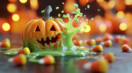Halloween banner with holiday sweets and green slime blob. Vector spooky delectable array of sweets like candy corn and lollipops, surrounded by a toxic gooey splash for a delightfully eerie touch