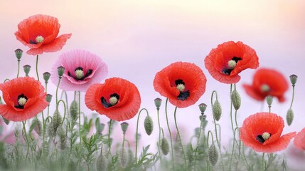 A vibrant field of red and pink poppies in soft lighting.