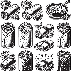 Black Color Burrito Silhouette Vector Illustration, Solid White Background