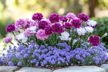 Obraz premium Colorful carnations and ageratum blooming in garden bed