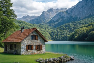 Obraz premium Stone cottage nestled on a tranquil lake shore with majestic mountain backdrop