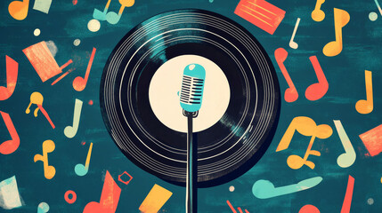 Obraz premium Cartoon retro groovy vinyl record character sings passionately with microphone and funky melody notes flying around, embodying soulful vibe of classic music. Isolated vector vintage musical personage