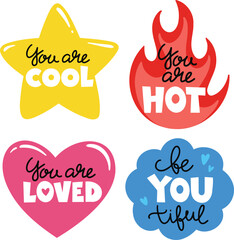 Set of cartoon colorful stickers with handwritten short compliments. Self love quotes. Vector illustration. Encouragement sign, stamp.