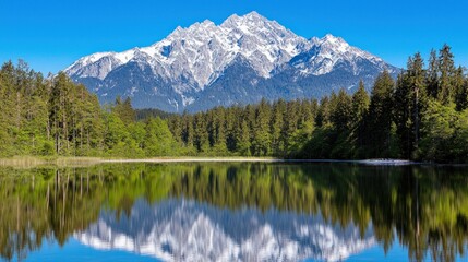 Scenic mountain landscape with reflection in a tranquil lake.