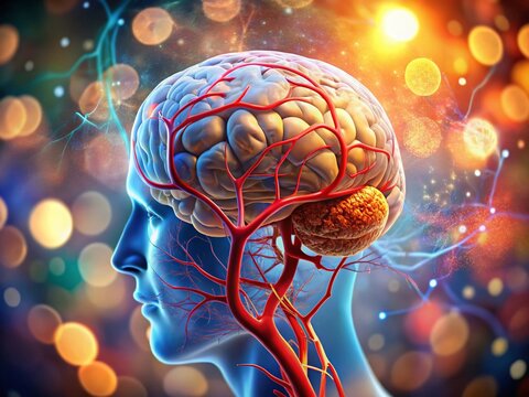 3D Brain CTA Coronal View - Medical Illustration with Bokeh Effect