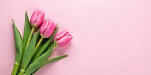 Fototapeta premium A Delicate Trio of Pink Tulips on a Soft Pink Background, a Charming Springtime Floral Arrangement Perfect for Greeting Cards or Seasonal Decorations
