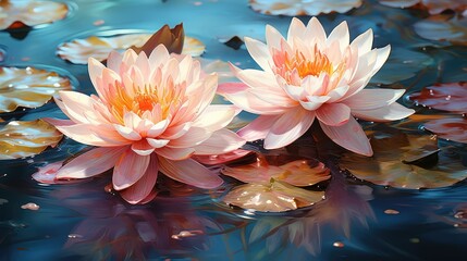 Two delicate water lily blossoms float gently on a pond surrounded by pads