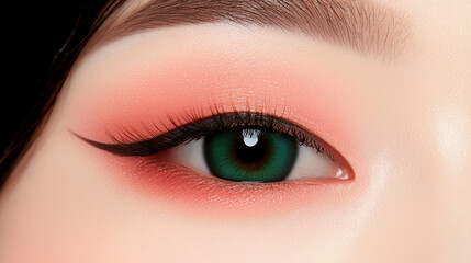 Obraz premium close up of vibrant green eye with bold eyeliner and soft peach eyeshadow, showcasing flawless makeup look