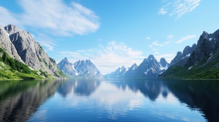 Serene mountain landscape with clear blue water and reflection.