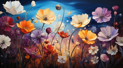 A vibrant abstract floral art piece with a variety of colorful blooms against blue