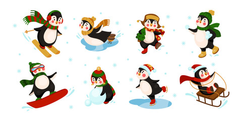 Penguin winter games. Cartoon character on ski or skateboard. Antarctic bird riding on sled. Mountain downhill skiers. Happy kids. Xmas outdoor playing. Animal making snowman. Snow sports vector set
