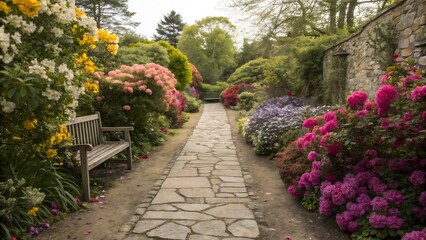 Fototapeta premium A stone path in a garden that is strewn with lush pink, purple and lilac flowers