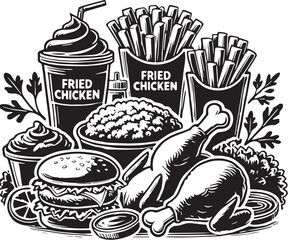 Black Color Fried Chicken Silhouette Vector Illustration, Solid White Background