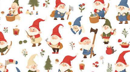 Cartoon gnome or dwarf characters seamless pattern, vector background for kids. Cute village gnome workers pattern, dwarf farmer in garden, cooking or sewing, gnome hunter with lumberjack and miner