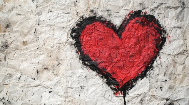 one smudged red colored heart on a wrinkled white paper
