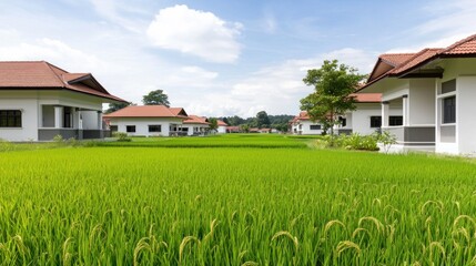 Houses amidst Lush Rice Paddy Fields
