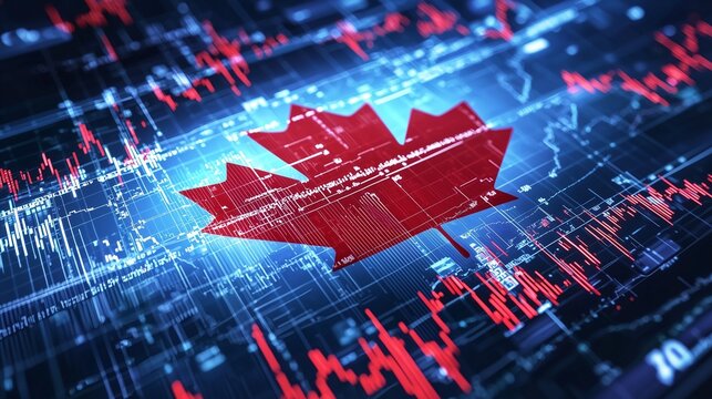 Canadian flag with stock market charts symbolizes tsx index performance.